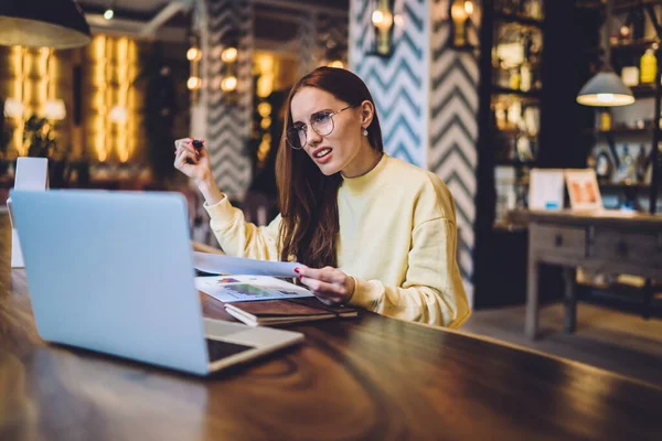 Clever Female Graphic Designer Optical Eyeglasses Working Remotely Startup Project — Stock Photo, Image