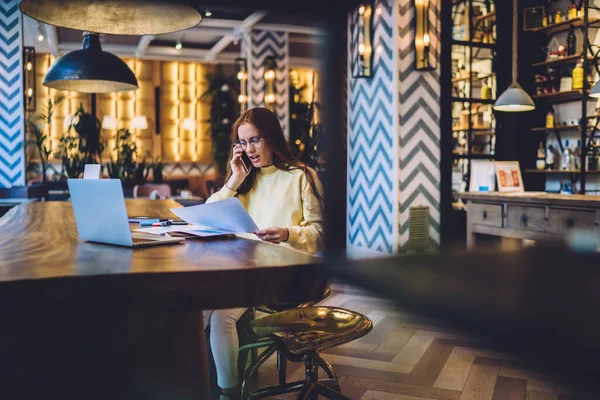 Young Attractive Businesswoman Trendy Glasses Bright Yellow Sweatshirt Attentively Looking — Stock Photo, Image