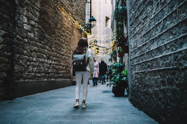 Back View Young Female Backpack Walking Narrow Street Barcelona City — Stock Photo, Image