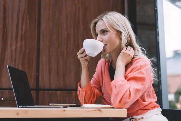 在创意餐厅 穿着粉色休闲装 边喝咖啡边与笔记本电脑坐在桌旁边边休息的积极女性自由职业者的侧面形象 — 图库照片