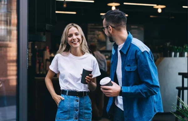Happy Young Woman Hand Pocket Laughing While Spending Time Boyfriend — Stock Photo, Image