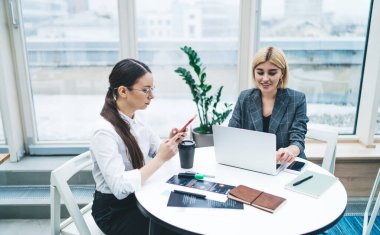 Ofisteki odaklanmış kadınlar akıllı telefon takar ve çizelgeler ve kahve fincanlarıyla masada otururken dizüstü bilgisayarda yazarlar.