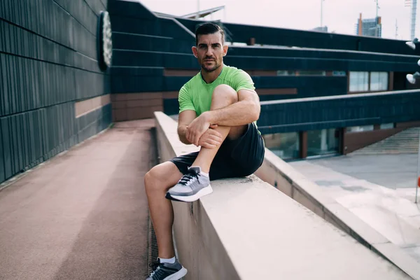 Portrait Caucasian Male Athlete Sportswear Looking Camera Activity Break Stadium — Stock Photo, Image