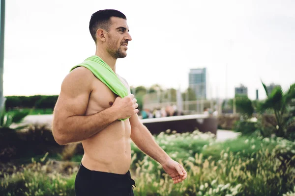 Side View Successful Sportsman Shirtless Walking Workout Time Training Muscles — Stock Photo, Image