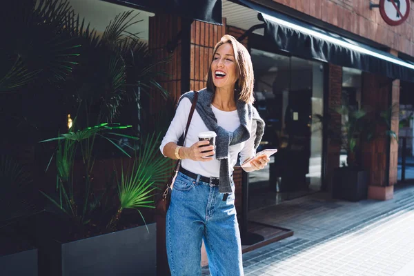 Cheerful Caucasian Woman Casual Wear Using Mobile Phone Standing Coffee — Photo