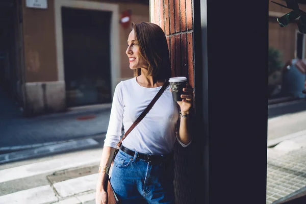 Happy Adult Smiling Female Casual Clothes Cup Hot Coffee Looking — ストック写真