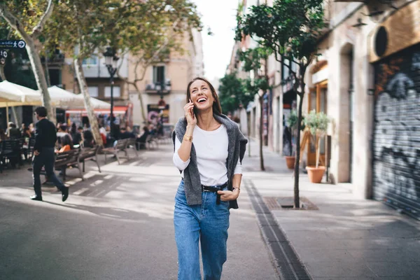 Excited Female Tourist Stylish Apparel Walking Urban Street Rejoicing Positive — Stock Photo, Image