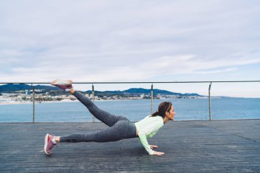 Slim female training strength and physical flexibility during workout, sporty woman in plank exercise reaching fitness goals and perfect body shape during morning warm up at pier
