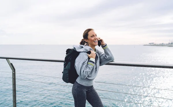 Half Length Portrait Prosperous Caucasian Woman Laughing While Making Positive — Stock fotografie