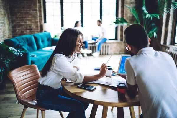 Back View Millennial Male Female Users Reading Web Publication Together — Photo