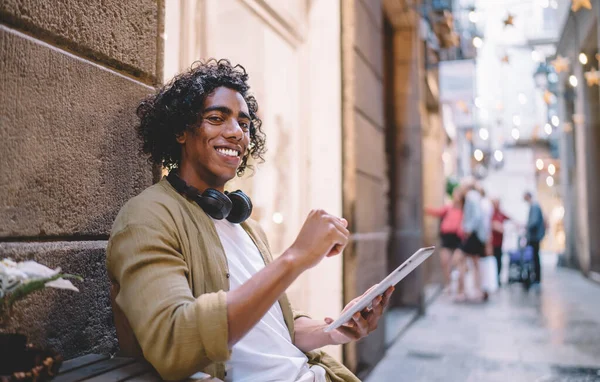 Portrait Cheerful Millennial Hipster Guy Sitting Street Blogging Share Online — Photo