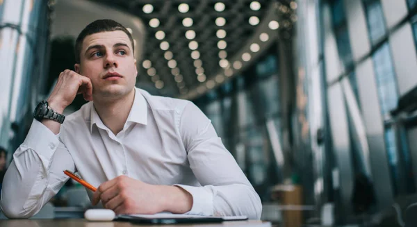 Low Angle Pensive Male Entrepreneur Formal Shirt Sitting Wooden Table — Photo