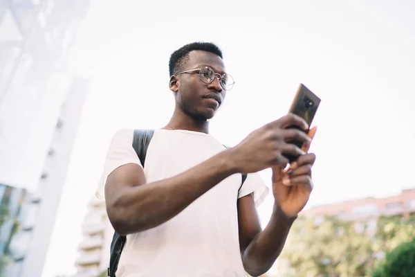 Busy Pensive African American Young Male White Shirt Black Backpack — Foto de Stock