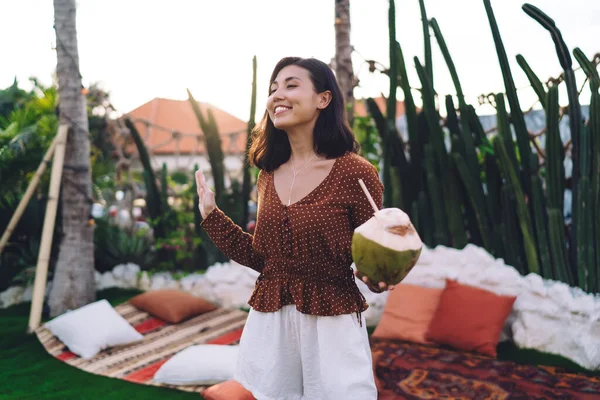 Young Ethnic Brunette Brown Polka Dot Blouse White Shorts Enjoying — Φωτογραφία Αρχείου