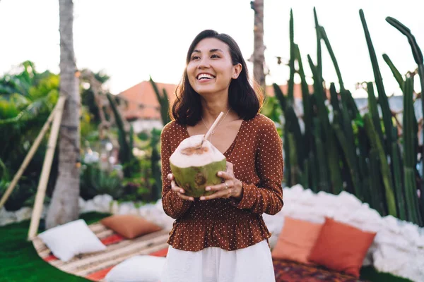 Happy Young Ethnic Female Polka Dot Blouse Smiling Cheerfully Enjoying — Foto de Stock