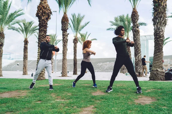 Low Angle Full Length Concentrated Multiethnic Sportive Group People Doing — Stock Photo, Image