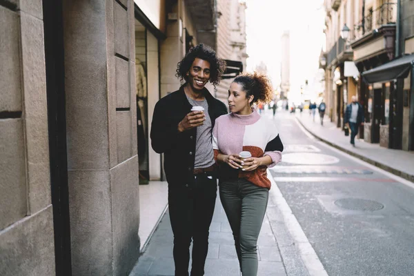 Modern Young Multiracial Couple Trendy Clothes Coffee Walking Looking Shop — Stock Photo, Image