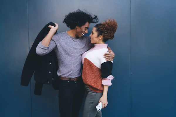 Side View Positive African American Couple Casual Clothes Standing Blue — Stock Photo, Image