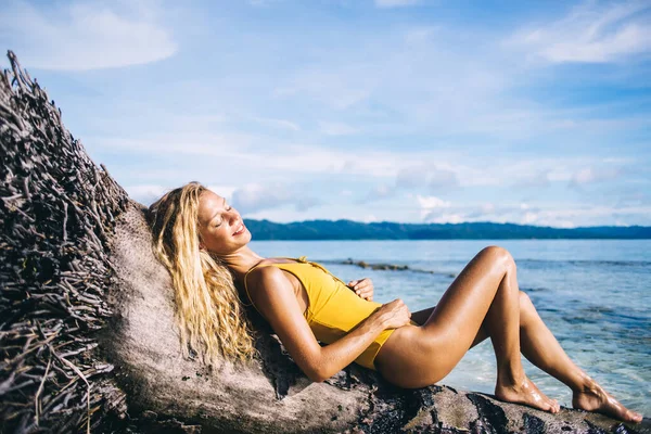 身穿黄色泳衣的金发姑娘躺在沙滩上枯死的树上 背对着山水 侧看风景 — 图库照片