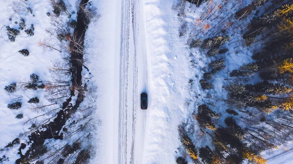 Vista Aérea Drone Paisagem Natureza Tampada Com Neve Cercada Pela — Fotografia de Stock