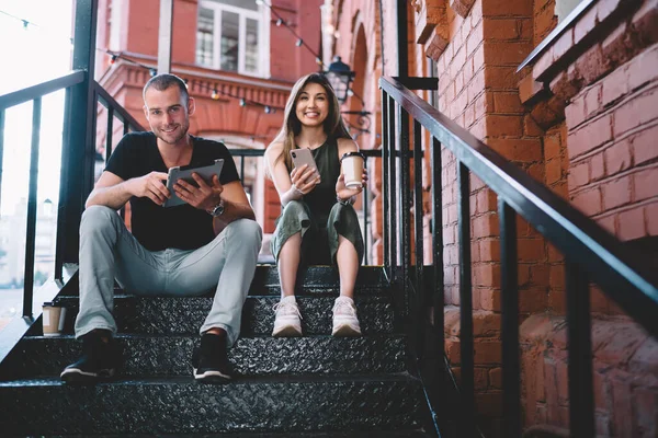 Low Angle Happy Young Diverse Couple Casual Clothes Sitting Stairs — Stock Photo, Image