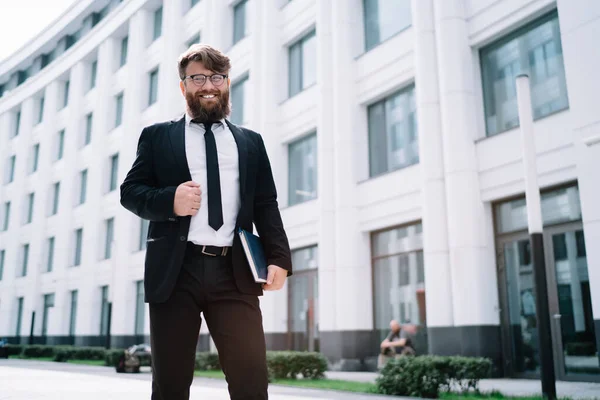 Low Angle Happy Bearded Businessman Formal Suit Eyeglasses Standing Street — Stock Photo, Image