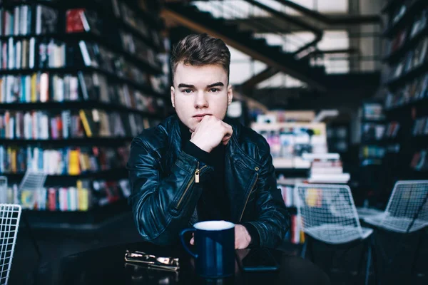 Ponder Young Male Wearing Black Leather Jacket Resting Chair Creative — Stock Photo, Image