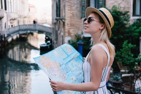 Side View Female Paper Map Exploring Medieval Architecture Famous City — Stock Photo, Image