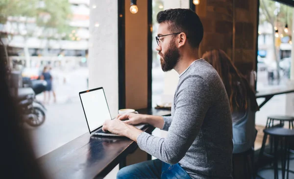 Side View Male Remote Worker Eyeglasses Casual Outfit Working Portable — Stock Photo, Image