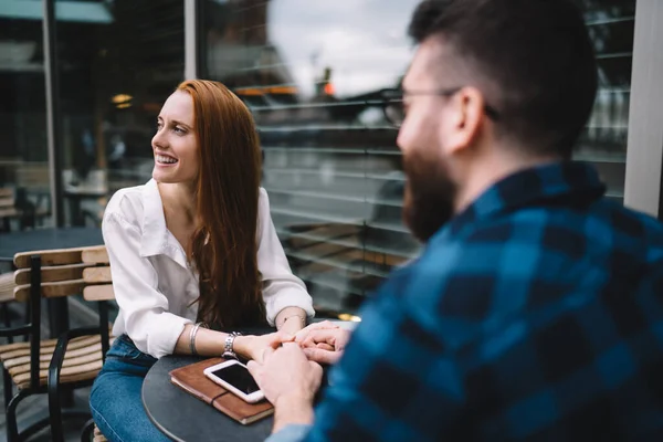 Happy Woman Smiling Holding Hands Lover While Sitting Table Street — Stock Photo, Image