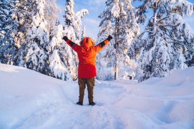 Kuzeye yapılan keşif gezisinden memnun kalan ve elini kaldıran erkek gezgin, beyaz karlı toprakların doğal manzarasının tadını çıkarıyor.