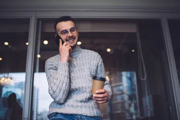 Happy Male Warm Sweater Standing Window Cup Coffee Having Phone — Stock Photo, Image