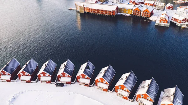 Geleneksel Kırmızı Norveç Evleriyle Lofoten Balıkçı Köyünün Nefes Kesici Kuş — Stok fotoğraf