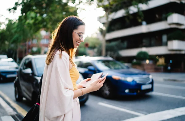 Happy Female Tourist Check Received Mobile Notification Smiling Urban Street — Stock Fotó