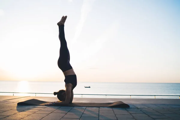 Spor Kıyafetli Genç Bir Kadının Destek Başlığı Pozunda Yoga Yaparken — Stok fotoğraf