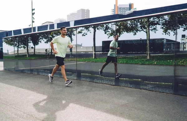 Motivated Male Jogger Dressed Active Wear Running Morning Time Enjoying — Stock Photo, Image