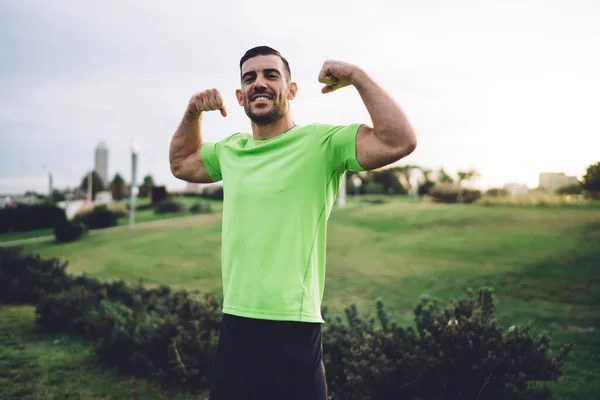 Half Length Portrait Muscular Athletic Man Showing Pumped Arms Biceps — Stock Photo, Image