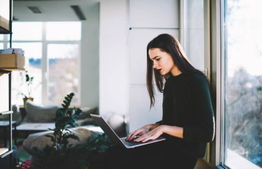 Sınavlara hazırlanırken ve modern işyerindeki pencere eşiğinde otururken netbook 'ta yazan odaklanmış kız öğrencinin yan görünümü