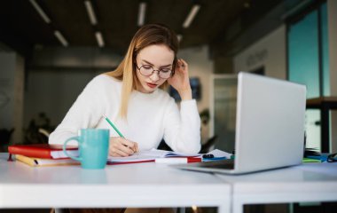 Gündelik hayata odaklanmış genç bir bayan serbest yazar. Gündelik planlama işini modern odadaki dizüstü bilgisayarla masaya oturarak yazar.