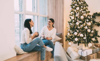 Neşeli kadınlar, gündelik giysiler içinde pencere eşiğinde köknar ağacının yanında oturup Noel için dekore edilmiş aydınlık oturma odasında birlikte vakit geçirirken birbirleriyle konuşuyorlar.