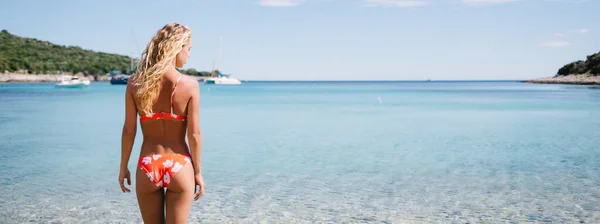 Rückenansicht Einer Fitten Frau Bikini Die Ruhigen Sauberen Meerwasser Steht — Stockfoto