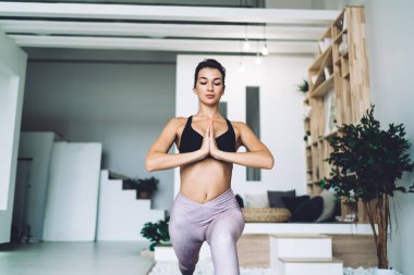 Rahat eşofmanlı harika bir kız esnek kasları çalıştırmak için Asana egzersizi yapıyor çekici bir kadın sabahları evde yoga çalışmasından zevk alıyor.