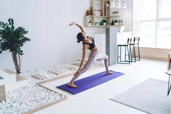 Concentrated Fit Girl Stretching Body Muscles Morning Pilates Training Home — Stock Photo, Image