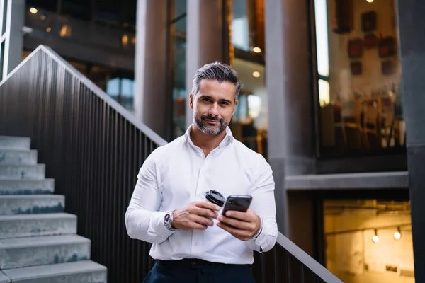 Half Length Middle Aged Professional Employee Cellular Gadget Coffee Hands — Stock Photo, Image