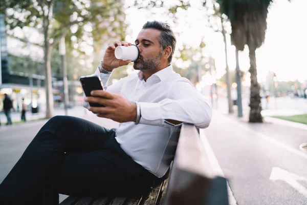 Mature Male Employee Using Modern Cellphone Device Messaging Networks Coffee — Stock Photo, Image