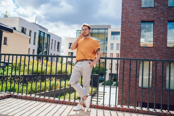 Handsome Modern Male Casual Outfit Standing Bridge Next Brick Building — Stock Photo, Image