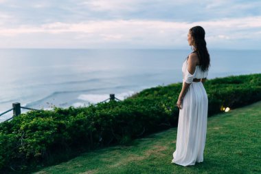 Tatil sırasında uçurumun kenarında duran ve gün batımında dalgalanan denizin tadını çıkaran isimsiz kadın modelin arka görüntüsü.