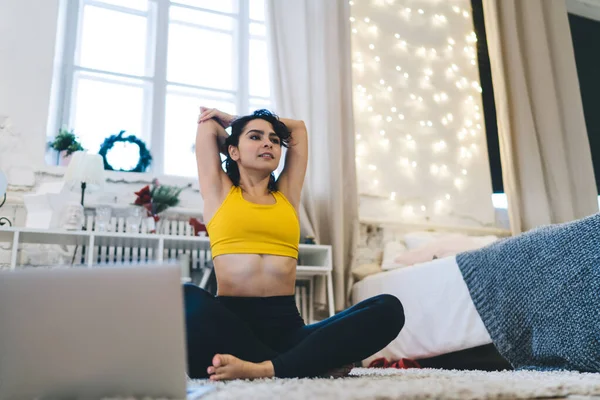 Energetic Slim Woman Tracksuit Stretching Exercising Morning Yoga Practice Home — Stock Photo, Image