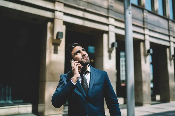 Serious Ethnic Bearded Male Strict Formal Black Suits Making Call — Stock Photo, Image