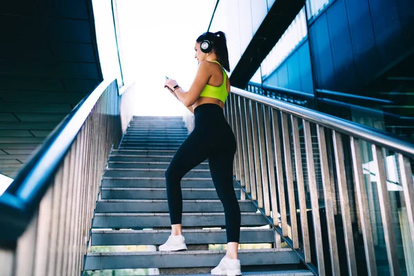 都市部の階段に立つスマートフォンのデバイス上でフィットチェック結果を完璧な筋肉のボディ形状を持つスポーツ女性のボディビルダーのバックビュー ワークアウトのためのウェブアドバイスとスポーツ女性のストリームを見て — ストック写真